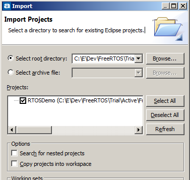 Selecting the RTOS STM32 project to import into Eclipse