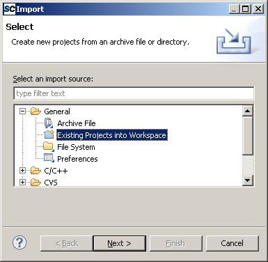 The first import dialogue box in the SoftConsole Eclipse IDE